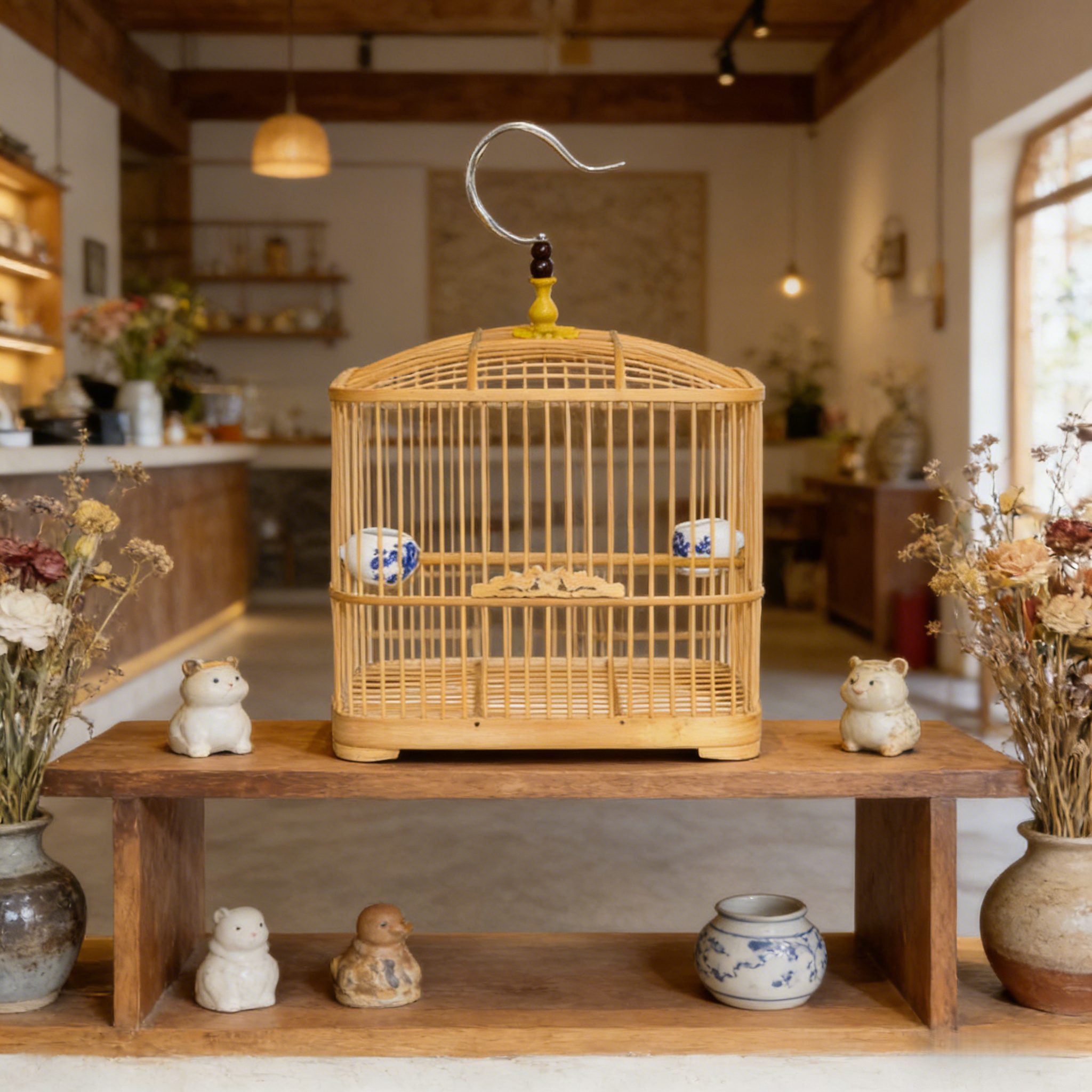 Small Hanging Bamboo Bird Cage – Light Wood - Image 2