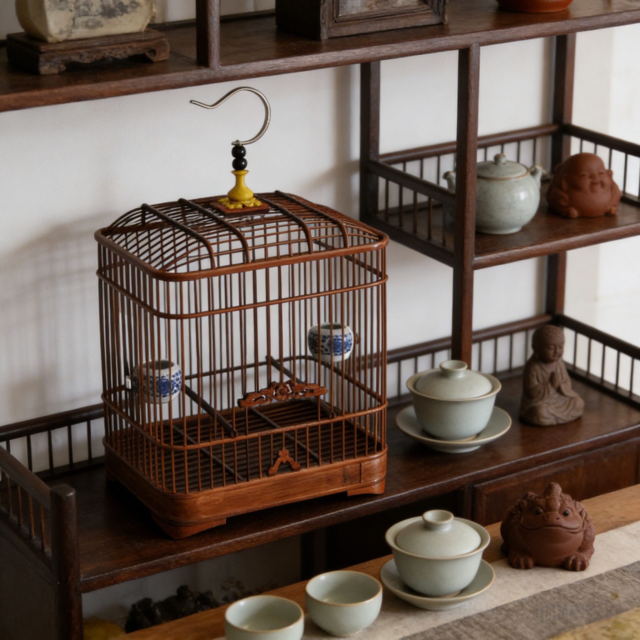Small Hanging Bamboo Bird Cage – Dark Wood - Image 2