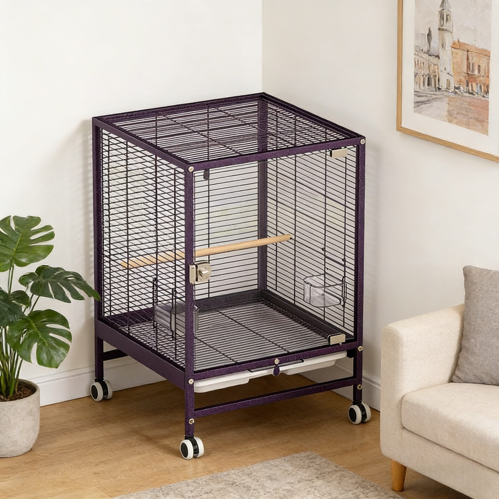 Large Enclosed Bird Cage with Clear Panels – Purple - Image 3