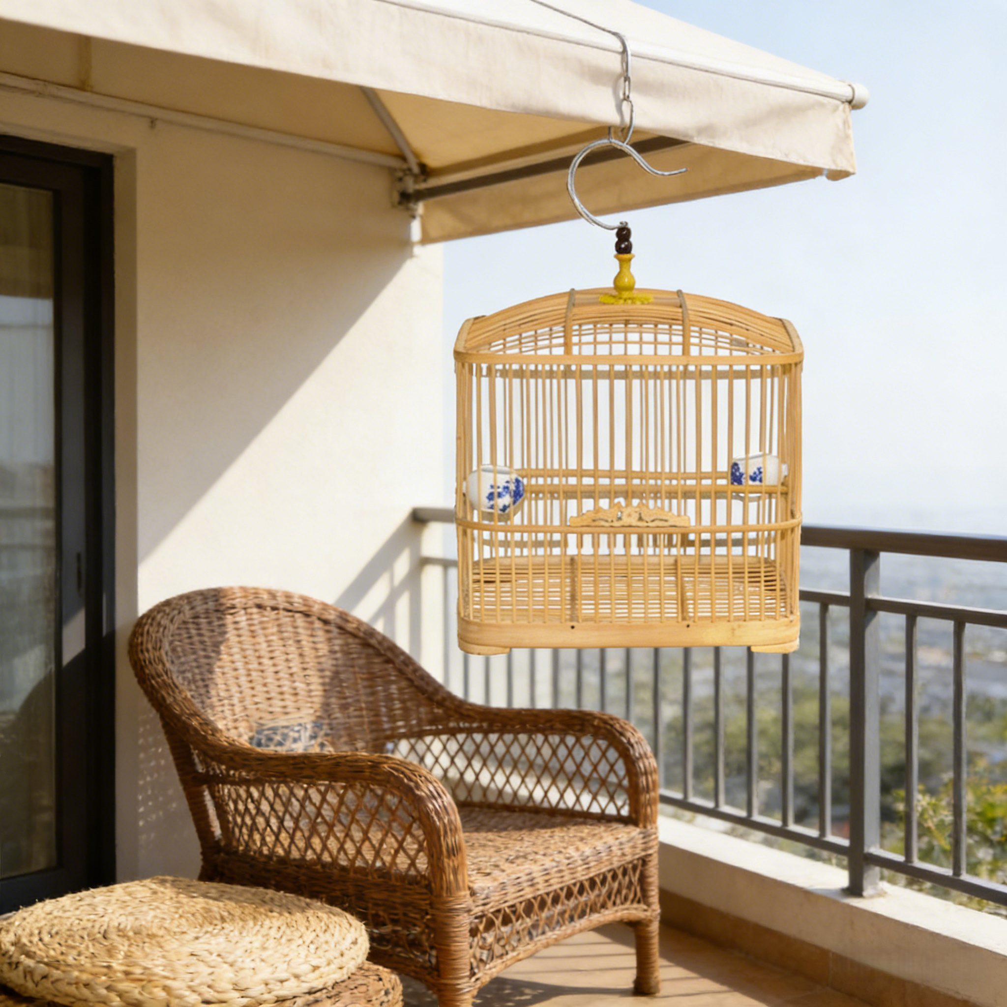 Small Hanging Bamboo Bird Cage – Light Wood - Image 3