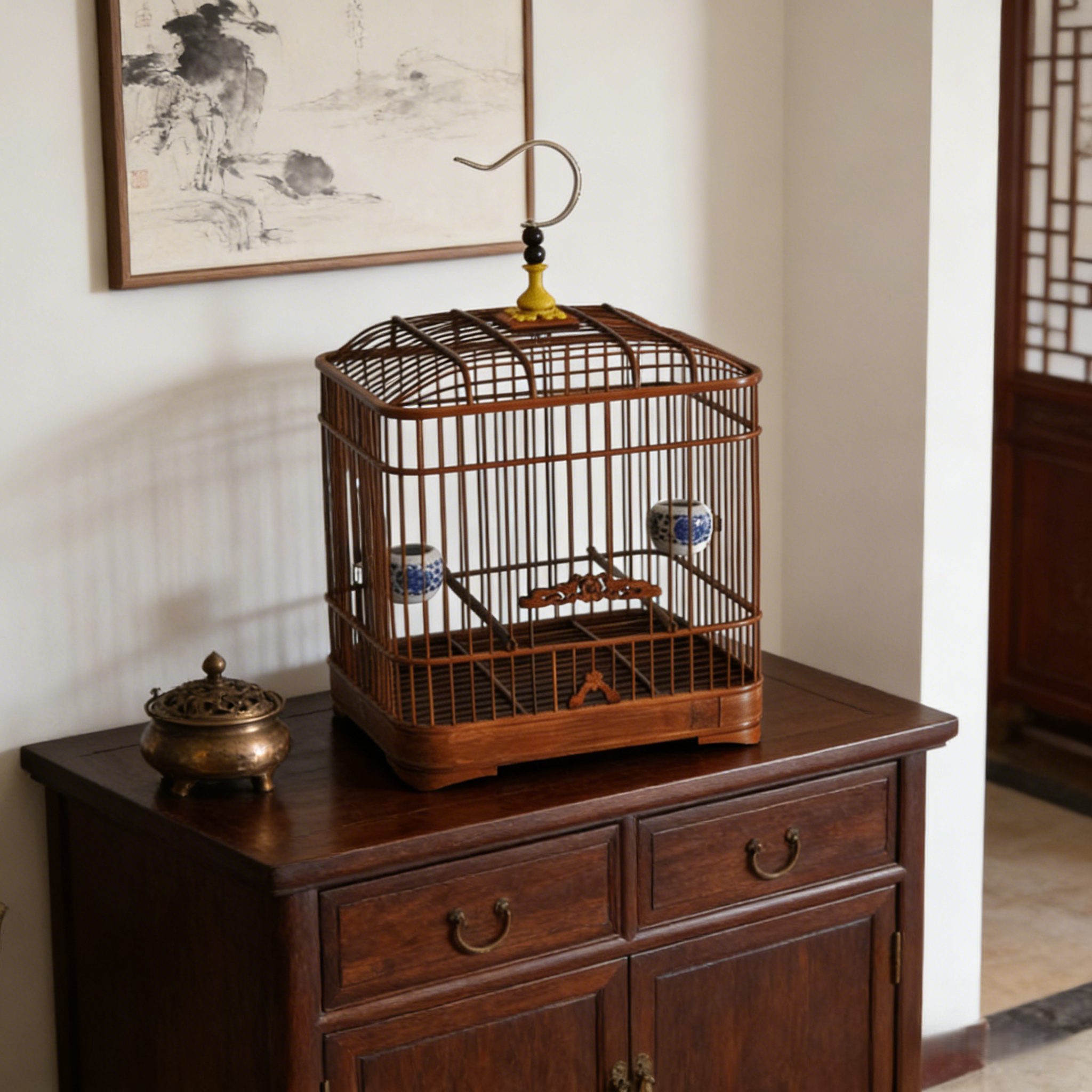 Small Hanging Bamboo Bird Cage – Dark Wood - Image 3